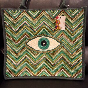 America and Beyond Evil Eye Green Sequined Tote with Detachable Strap NWT